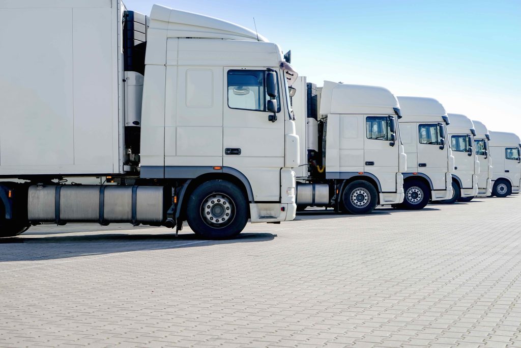 LKW-Spedition, mehrere weiße Laster stehen nebeneinander